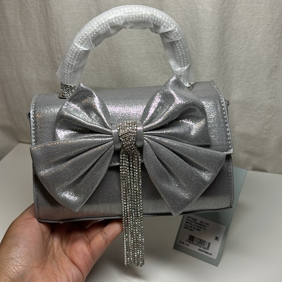 Antonio Melani Metallic Bow Top Handle Satchel Bag In Silver | NWT - Picture 2 of 13